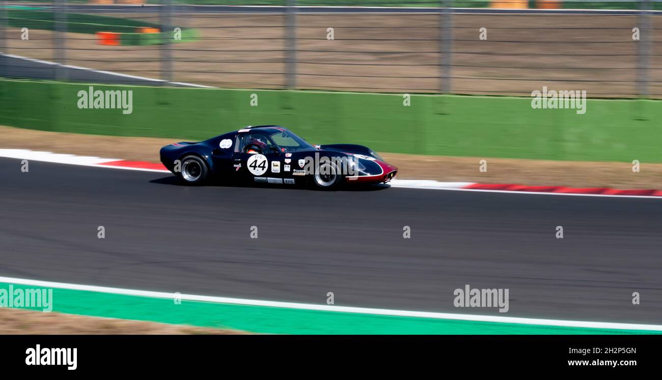 Italy, september 11 2021. Vallelunga classic. Chevron B8 race cars on racetrack blurred motion background Stock Photo