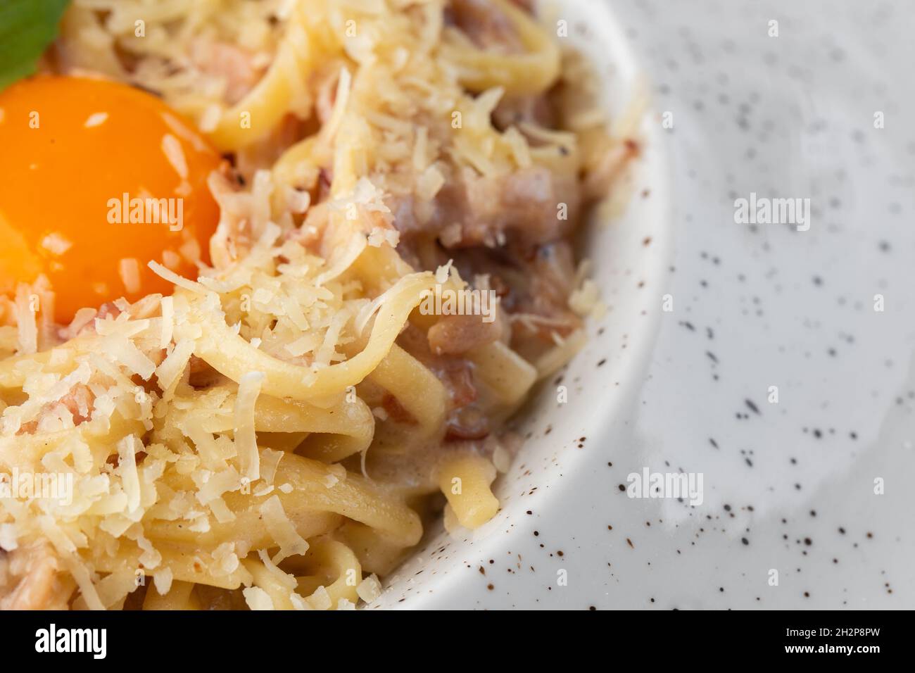 Pasta Carbonara Spaghetti With Bacon Parmesan Cream Sauce And Egg Yolk Macro Close Up Isolated On A White Round Plate Mediterranean Gourmet Food Stock Photo Alamy
