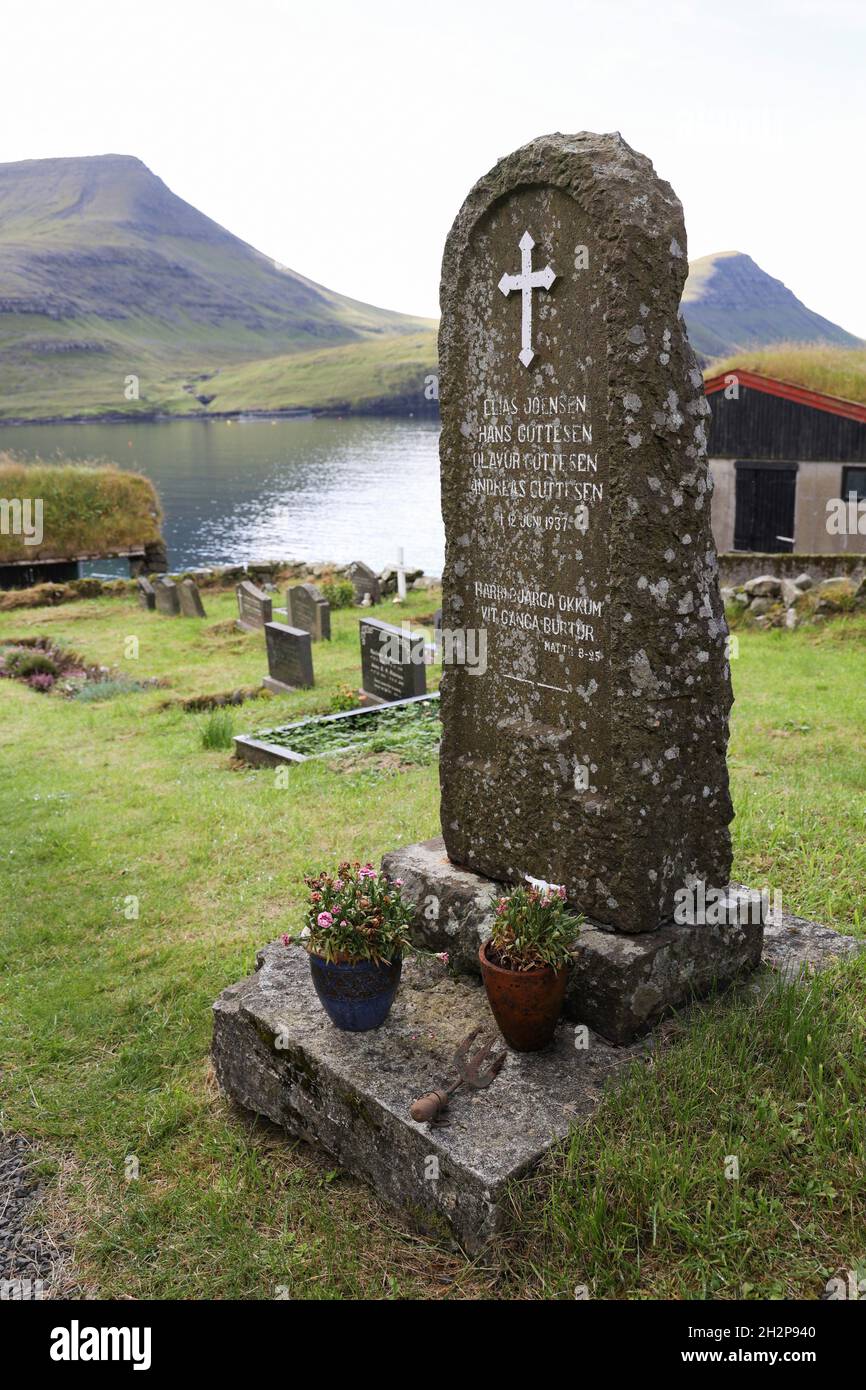 Graveyard in Bour village, Vagar Island, Faroe Islands, Scandinavia, Europe. Stock Photo