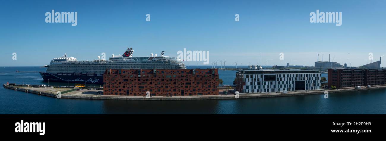 Copenhagen, Denmark - 31 August 2021: Panoramic view on the modern Langelinie Pier with luxury cruise ship Stock Photo