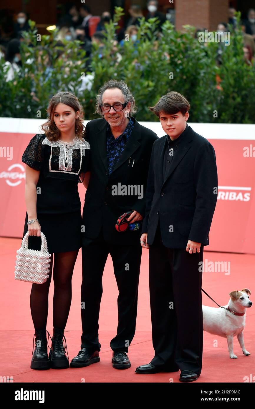 Rome, Italy. 23rd Oct, 2021. Nell Burton, Tim Burton and Billy-Ray Burton  and their dog attend a Close Encounter red carpet during the 16th edition  of the Rome Film Fest . Rome (