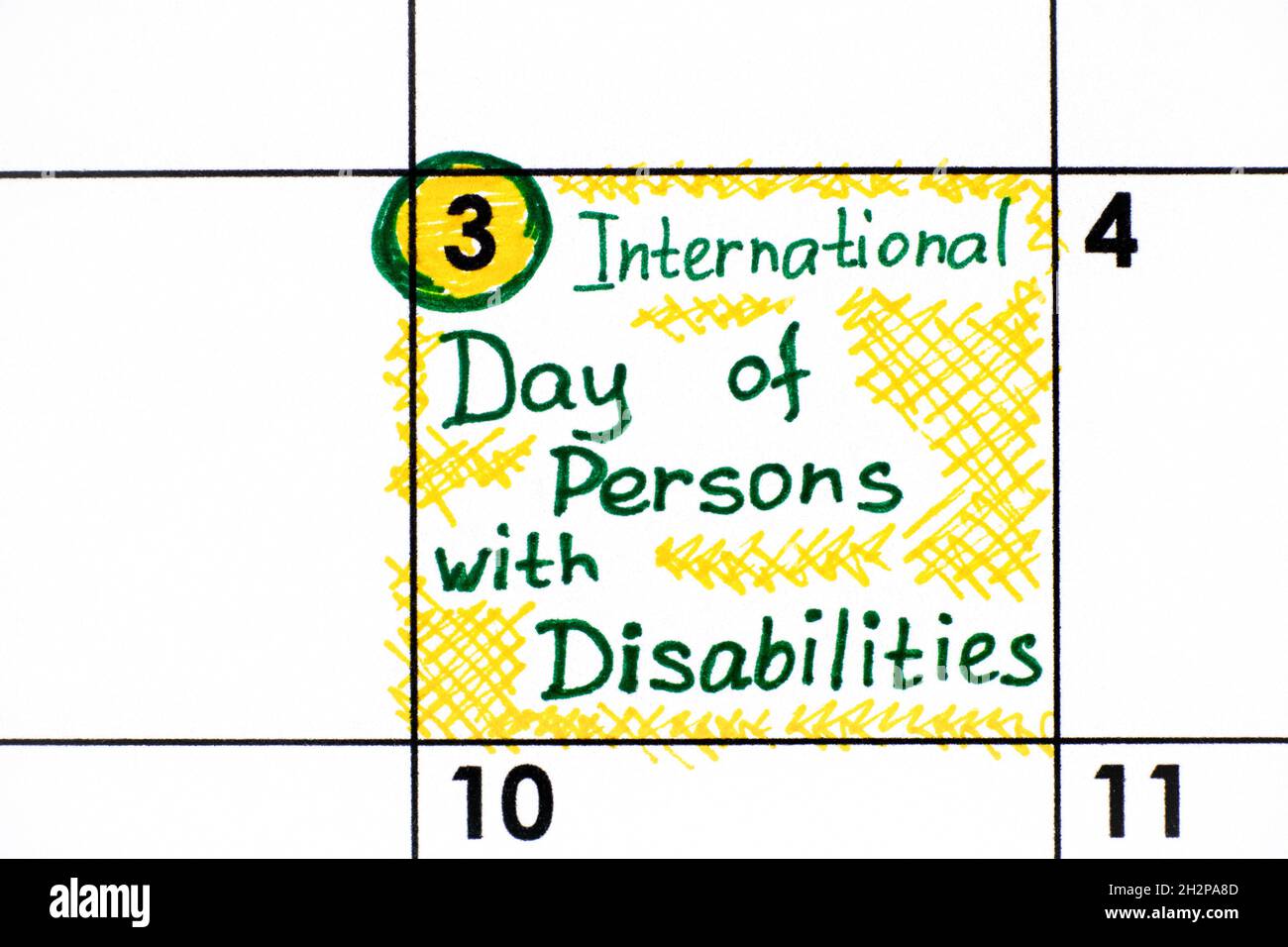 Reminder International Day of Persons with Disabilities in calendar. December 3 Stock Photo