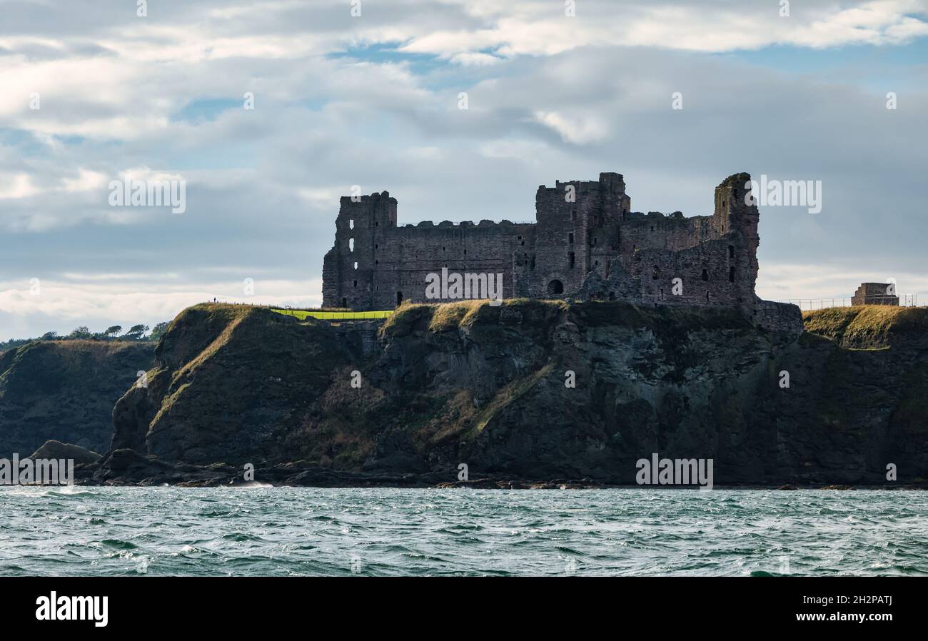 View of ruined Medieval Tantallon castle on clifftop seen from Firth of Forth, East Lothian, Scotland, UK Stock Photo