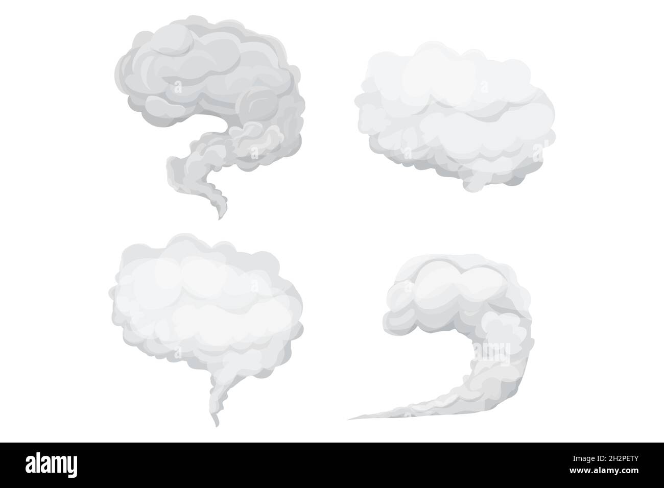 Set Grey cloud, smoke or fog in cartoon style isolated on white background. Weather element, fluffy bubble. Vector illustration Stock Vector