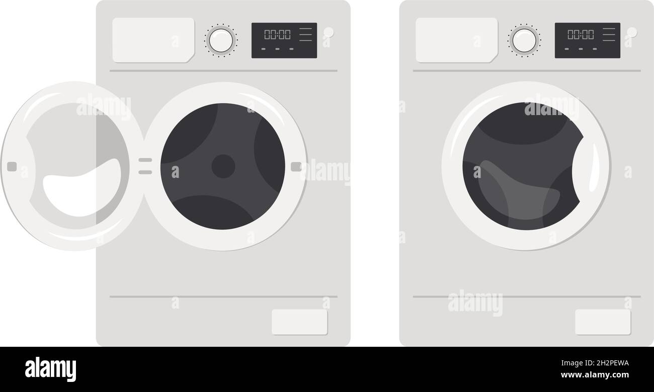 Washing machine icon. Front view of appliances in the bathroom. Vector flat illustration isolated on white background. Stock Vector