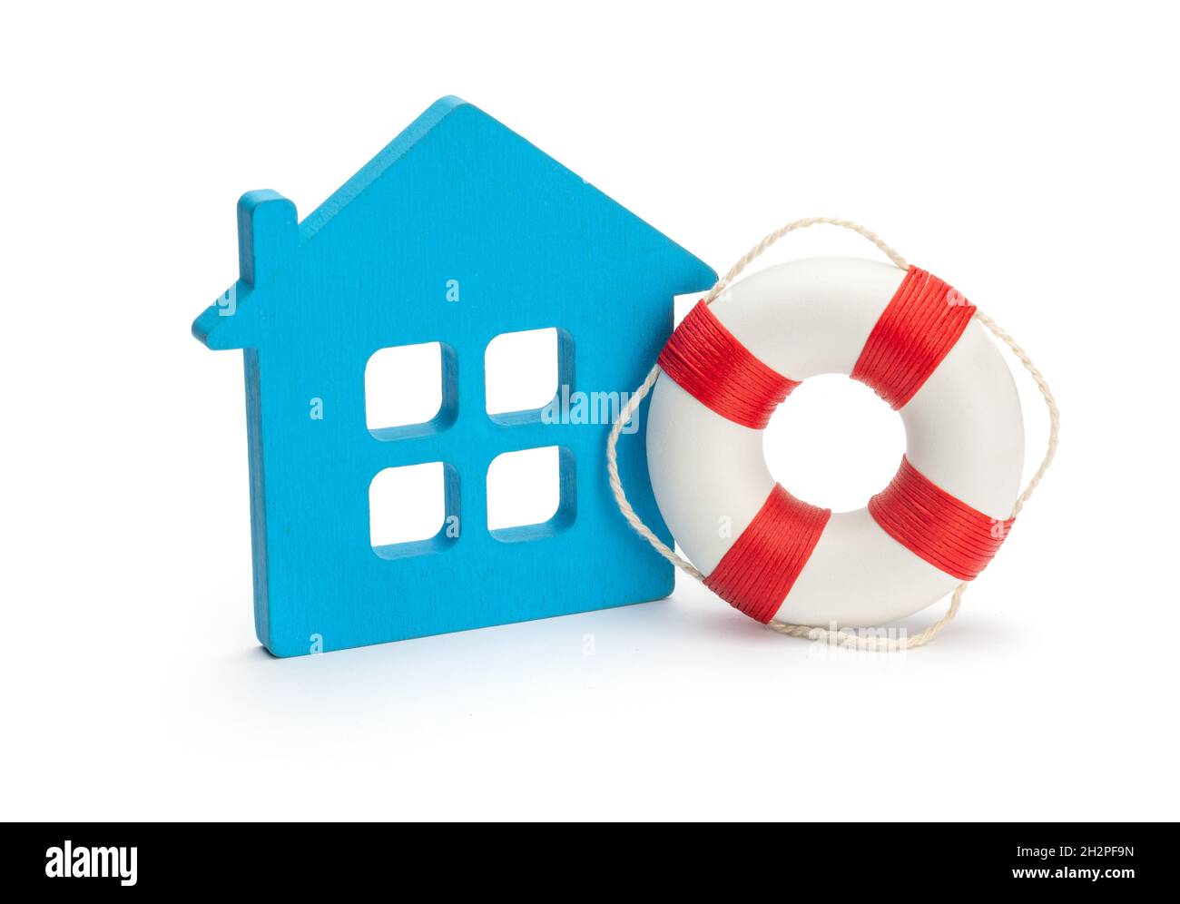 Lifebuoy and blue house. The concept of assistance in buying a house. isolated on white background.. Stock Photo