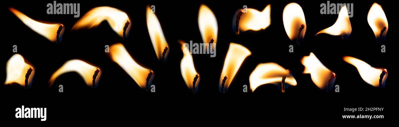 A set of candle flames on a black background, a collection of sixteen images for your photos. The fire is burning, oppressive. Collection of fire and Stock Photo
