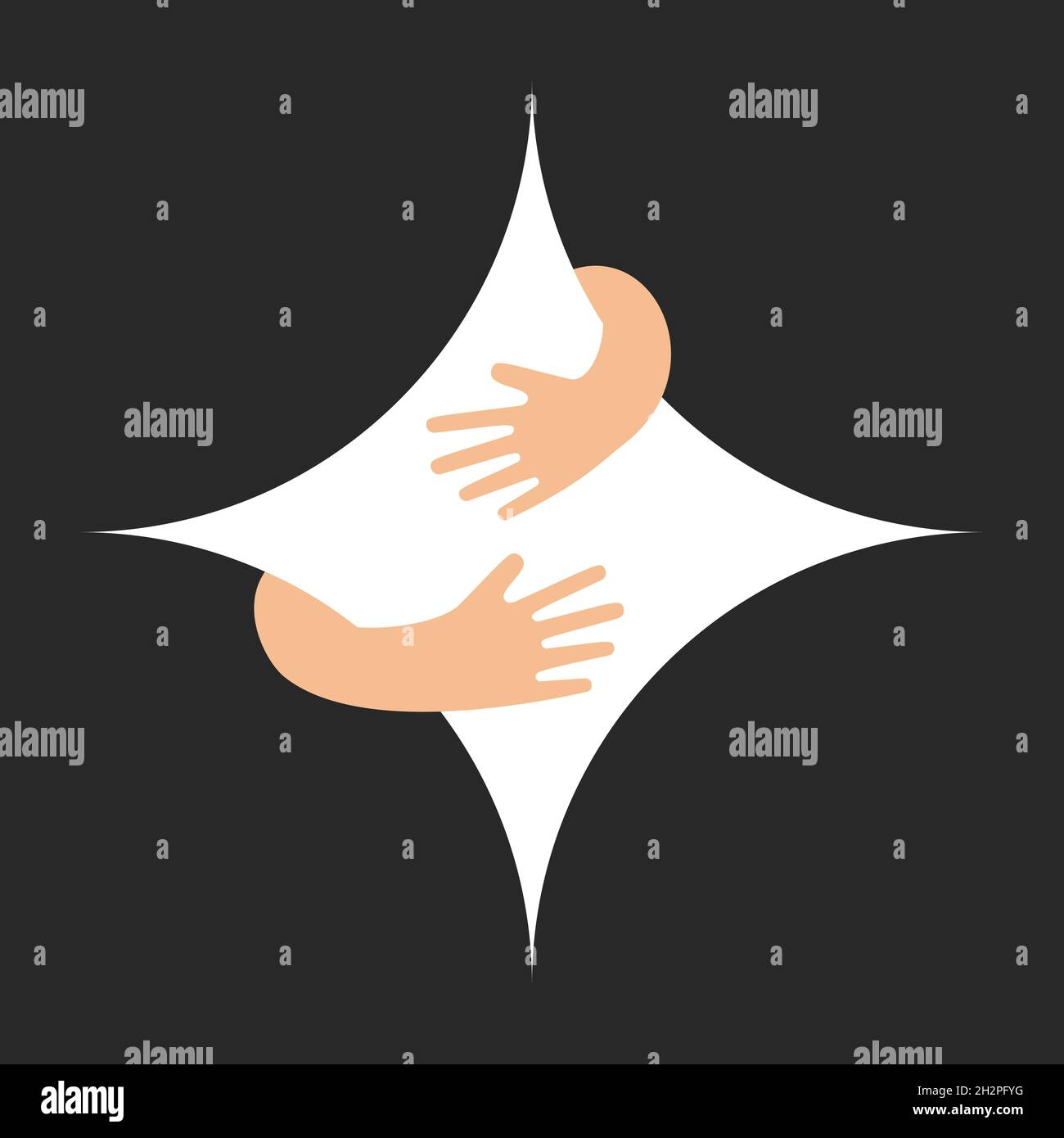 Human hands embracing or holding square with concave sides vector flat illustration isolated on black background. Creative emblem with white big rhomb and hugging arms. Logo with a hug. Stock Vector