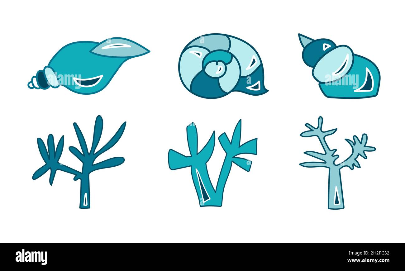 Vector illustration of blue seashells and seaweed. Icons set Stock ...