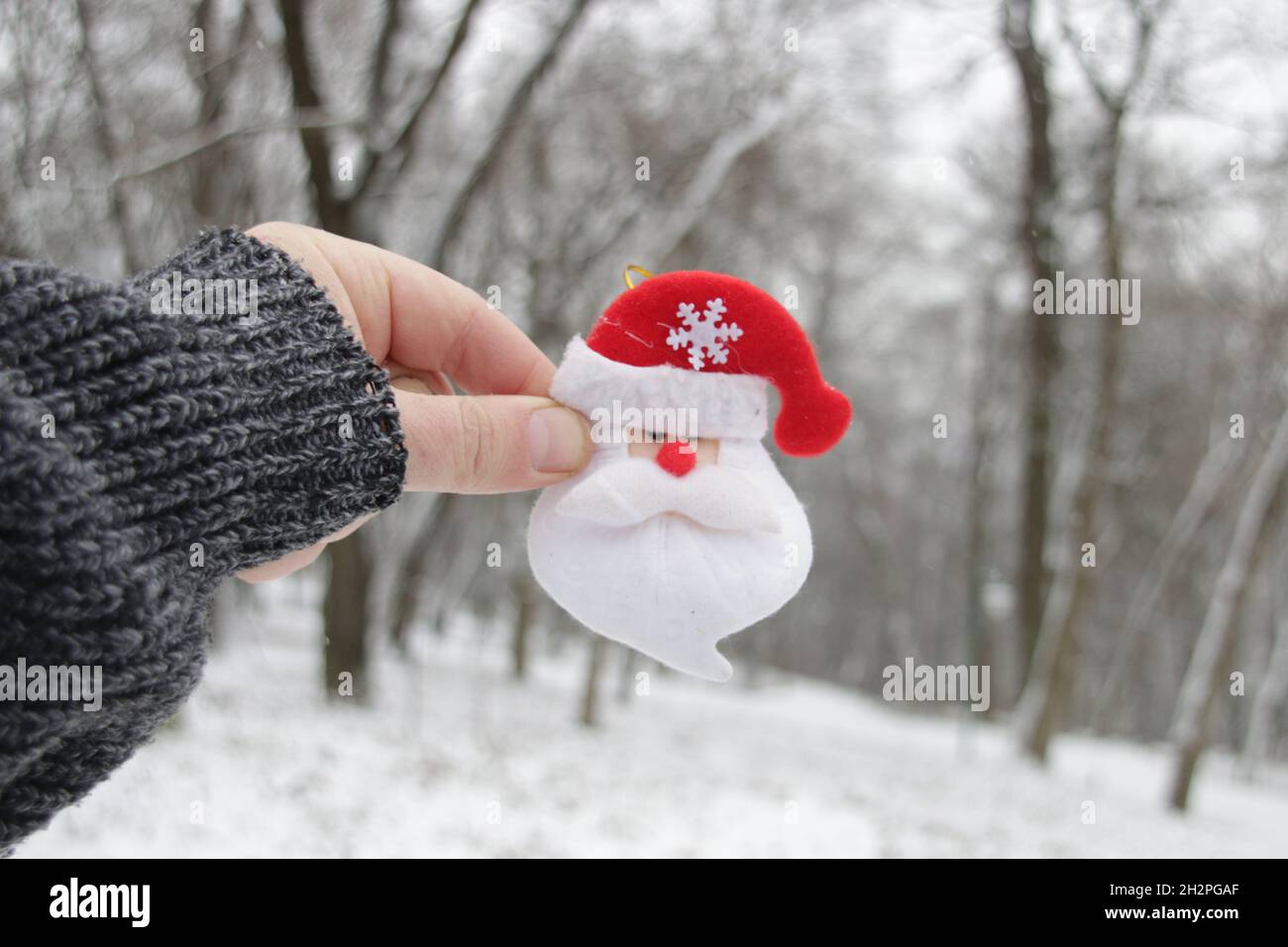Hand holds santa claus on the background of the winter forest Stock ...