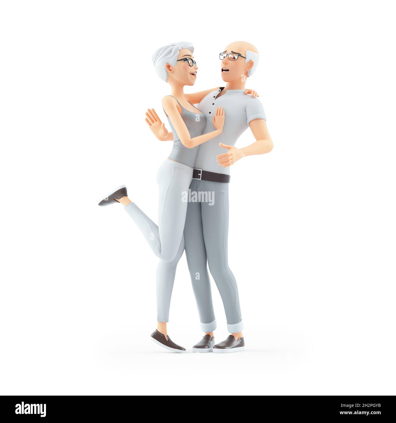 3d senior woman hugging embarrassed man, illustration isolated on white background Stock Photo