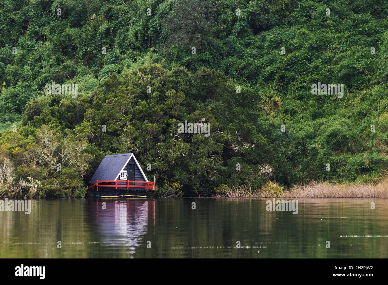 Small cottage on the edge of a forest near a lake Stock Photo - Alamy