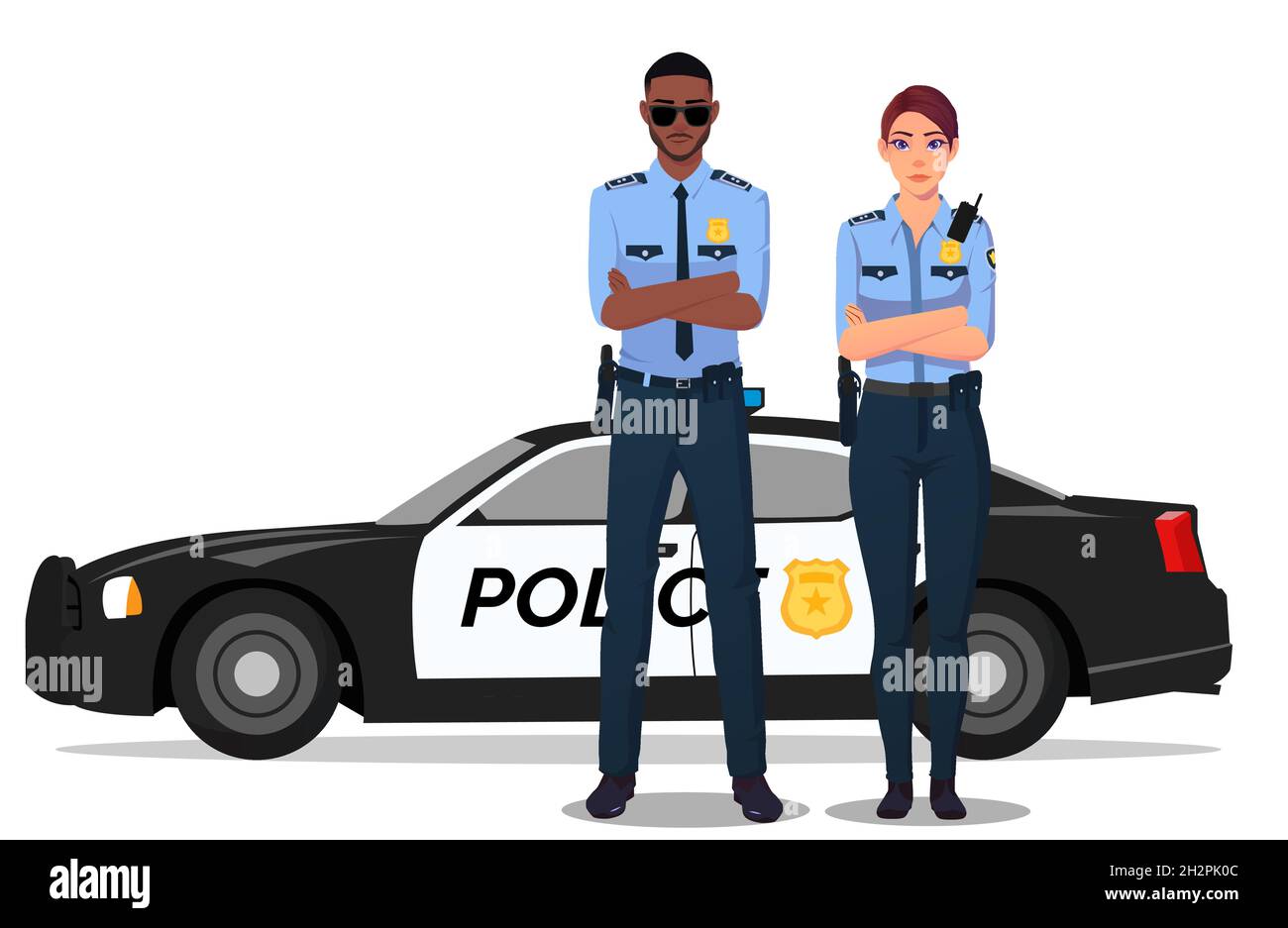 Male and Female Cop Standing Next to Police Car, Policeman and Policewoman in Uniform illustration Stock Vector