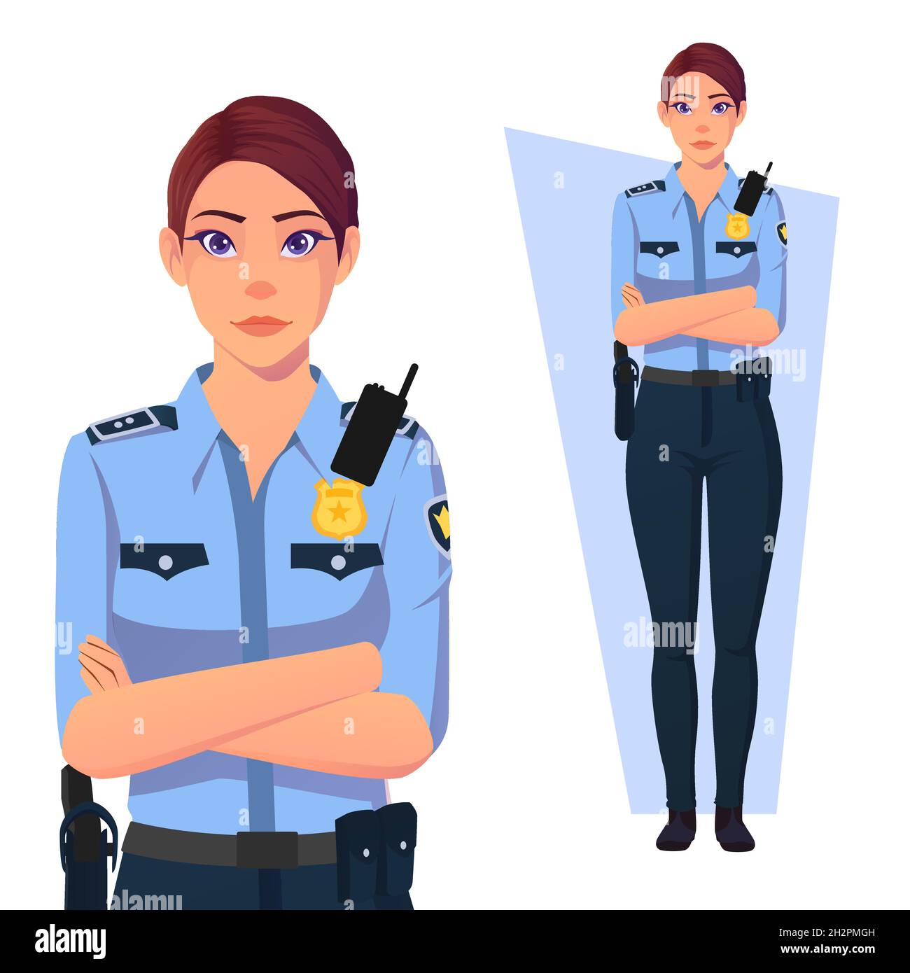 Policewoman With Arms Folded, Wearing blue Uniform Premium Vector Stock Vector