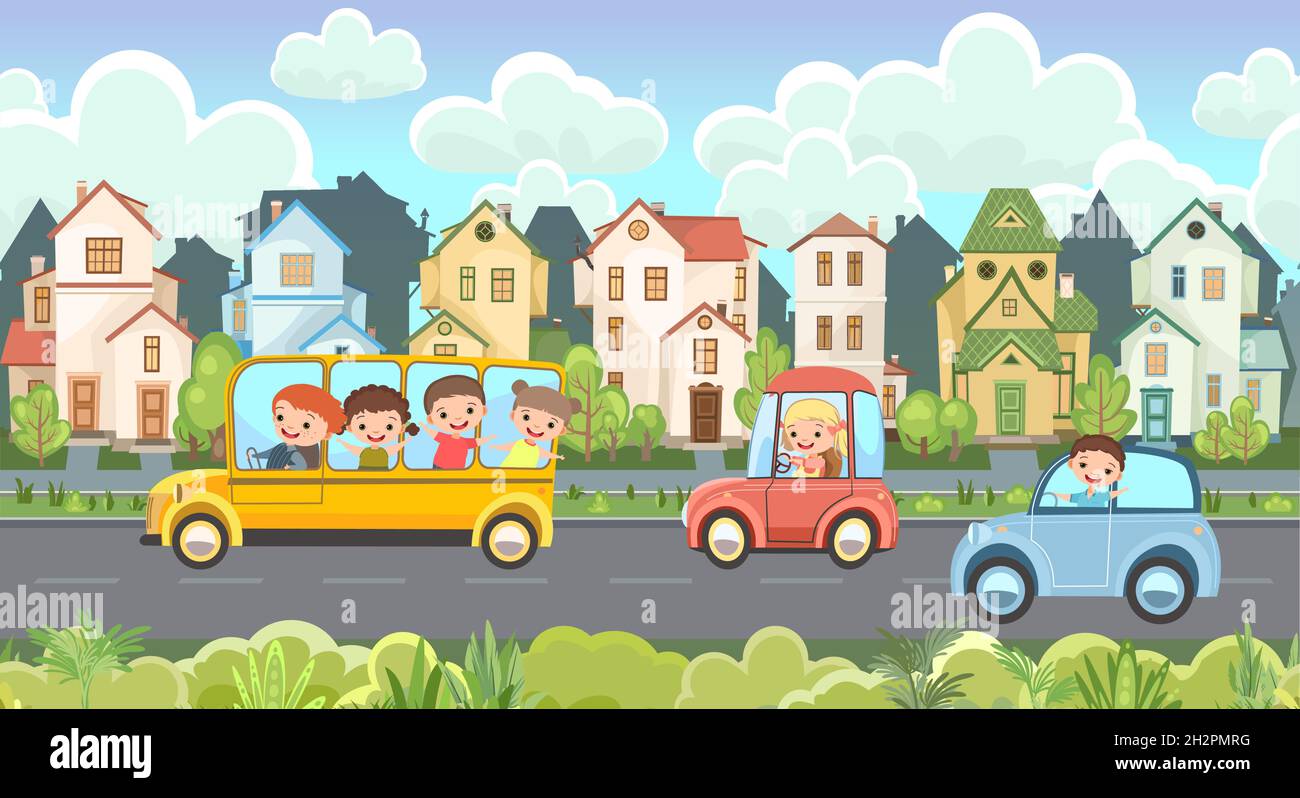 Street traffic. Cartoon childrens illustration. Children on vacation. Town landscape with suburban road. Automotive tourism. Travel children. Fun and Stock Vector