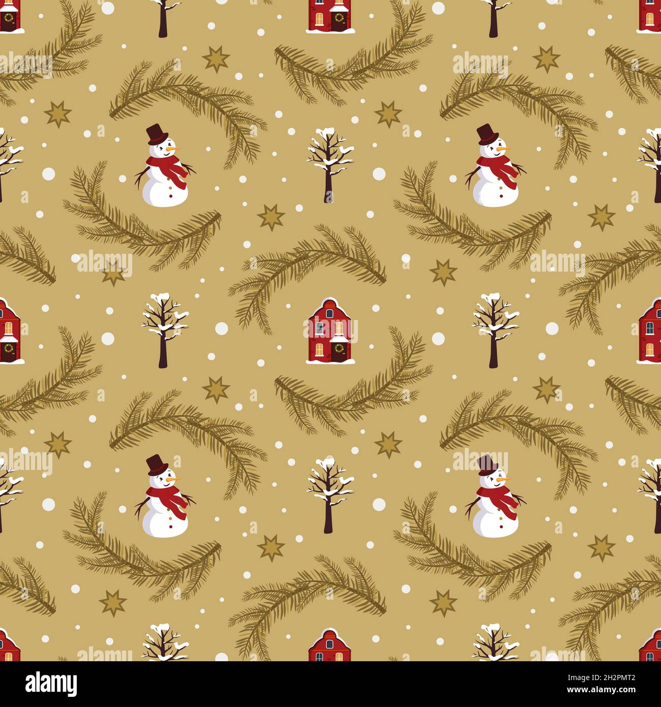 Seamless pattern with festive Christmas houses, snowman, trees in snow ...