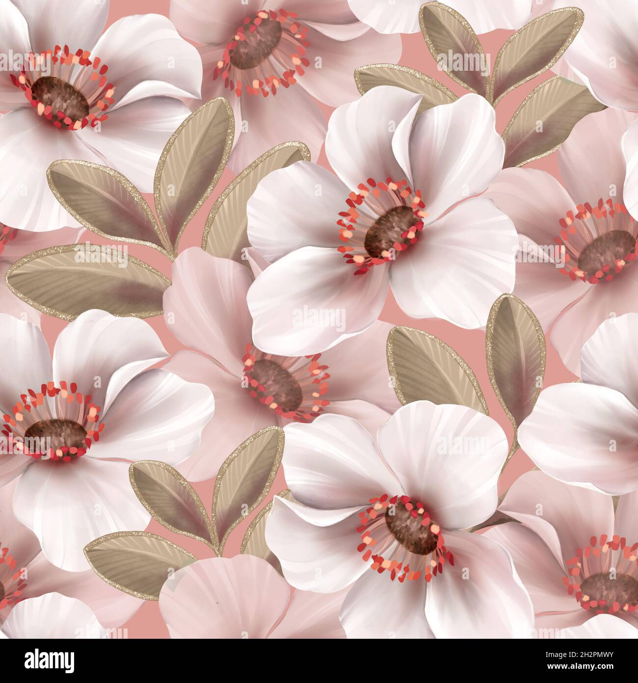 Seamless pattern with anemone flowers. Floral background . Stock Photo