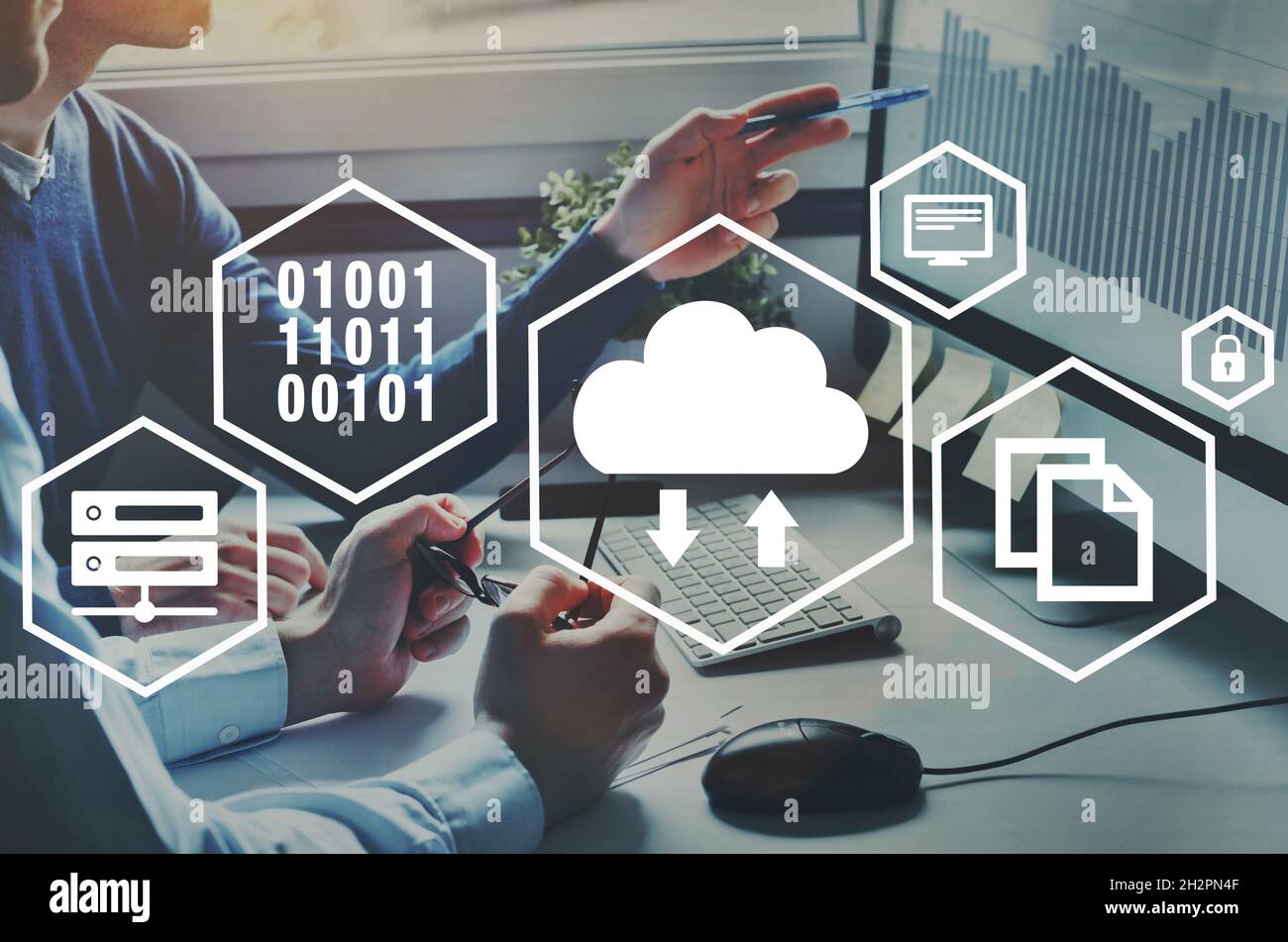 cloud computing concept, data storage online on internet servers, business people working on background Stock Photo
