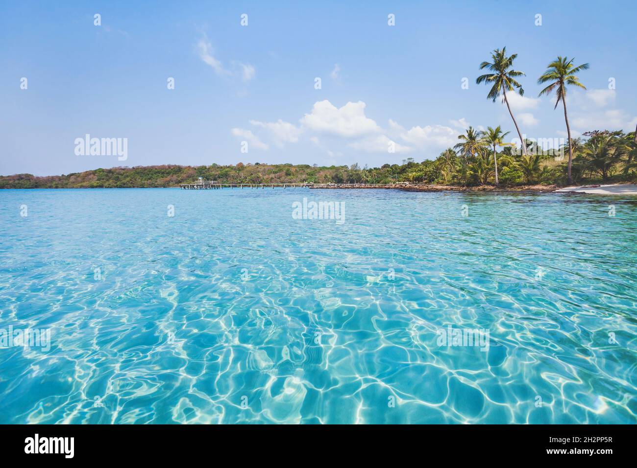 turquoise water on paradise beach on tropical island, holidays background, exotic tourism destination landscape Stock Photo