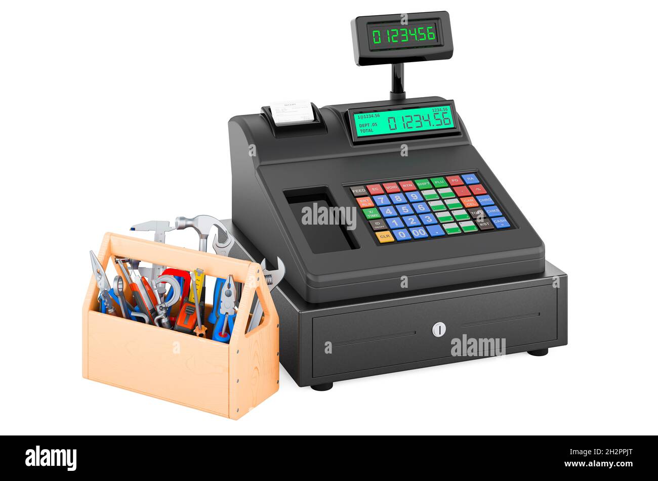 Cash register with toolbox. Service and repair of cash register, 3D