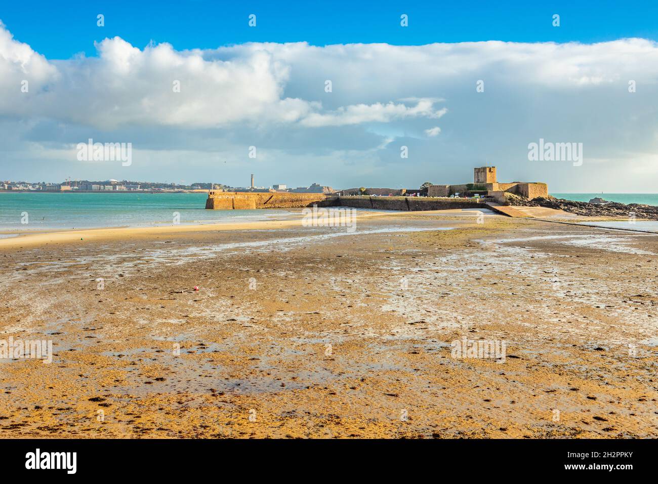 Saint Aubin Fort in a low tide waters, La Manche channel, bailiwick of Jersey, Channel Islands Stock Photo