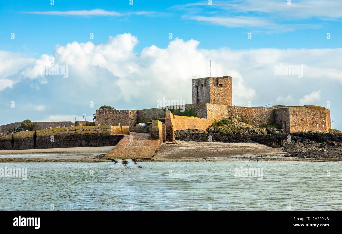 Saint Aubin Fort in a low tide waters, La Manche channel, bailiwick of Jersey, Channel Islands Stock Photo