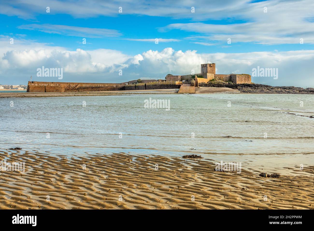 Saint Aubin Fort in a low tide waters, La Manche channel, bailiwick of Jersey, Channel Islands Stock Photo