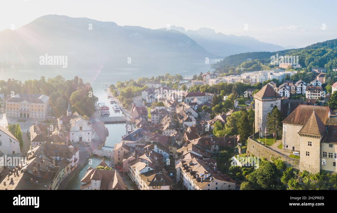 aerial cityscape of Annecy, panorama of old town historical houses and ...