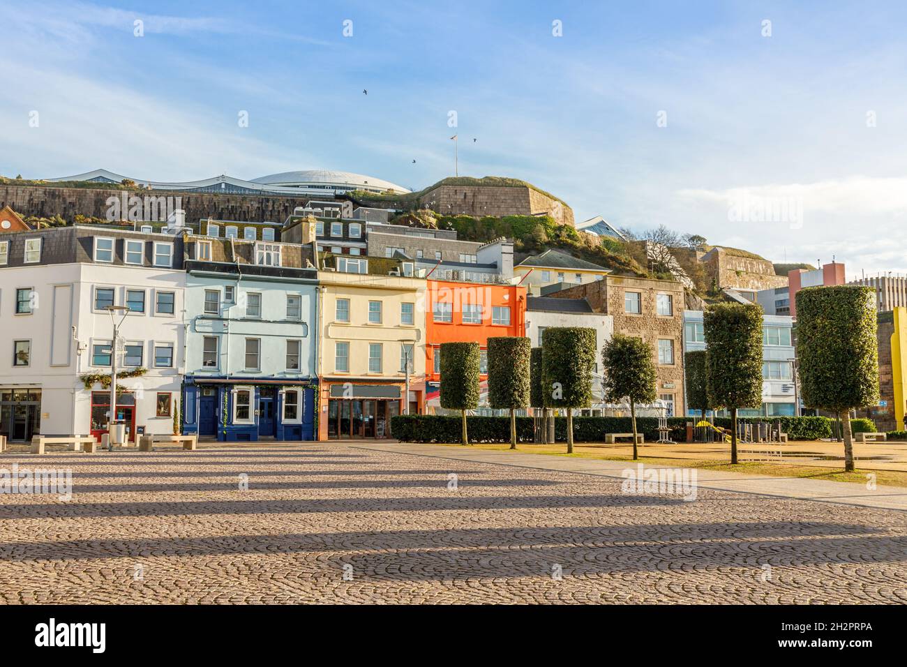 Saint Helier central square with fort Regent int the background, bailiwick of Jersey, Channel Islands Stock Photo