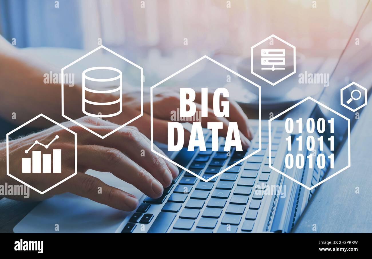 big data concept diagram with icons, hands using computer on background Stock Photo