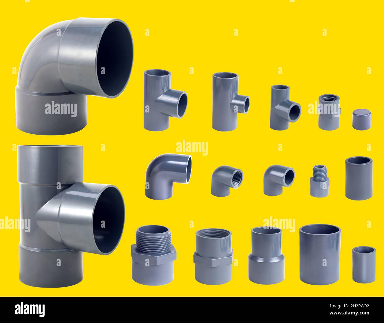 Plumber Pipe. Tube. Fittings of all sizes for plumber work Isolated on
