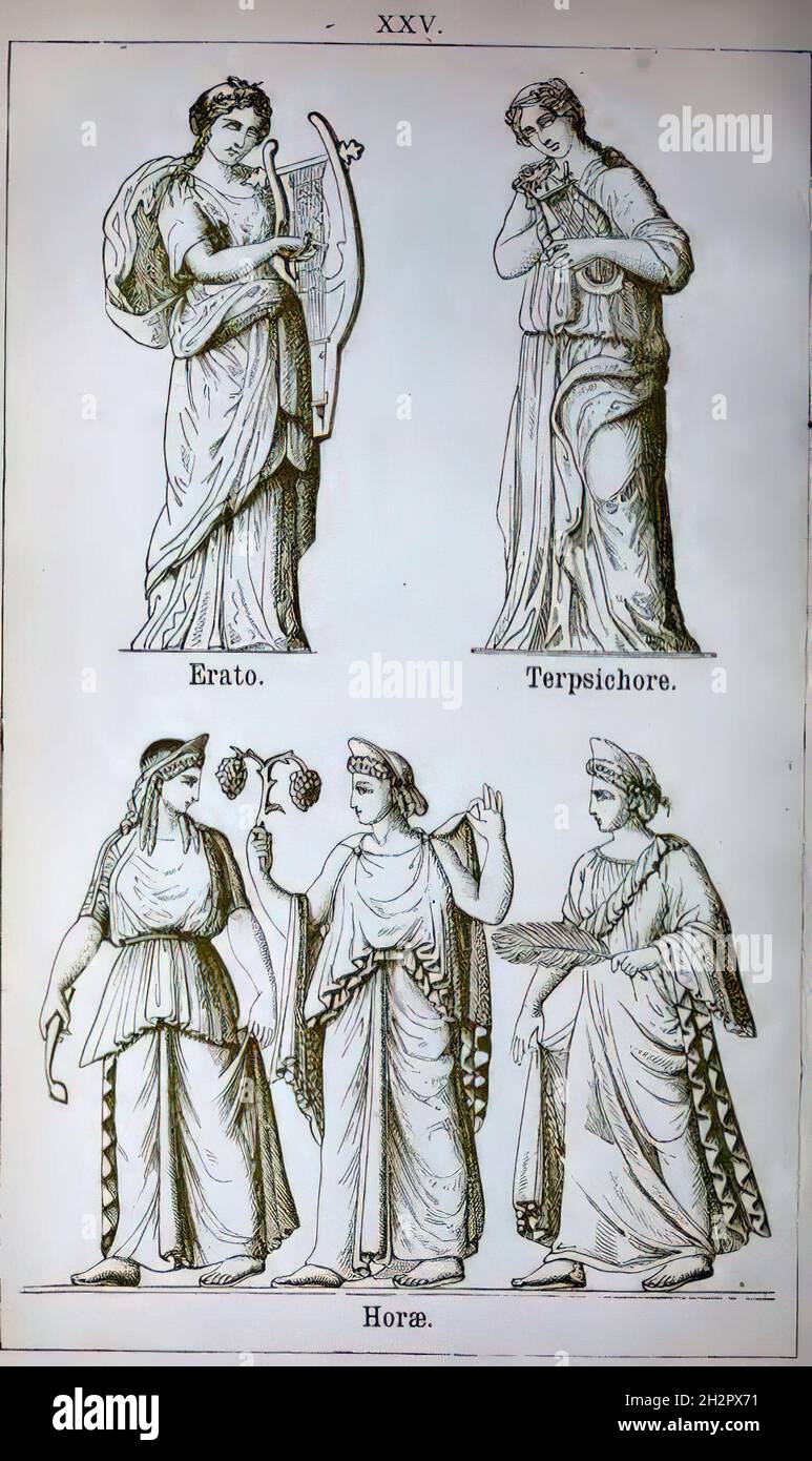 Vintage illustration from Greek and Roman mythology; Erato, Terpsichore, and Horae or Hours Stock Photo
