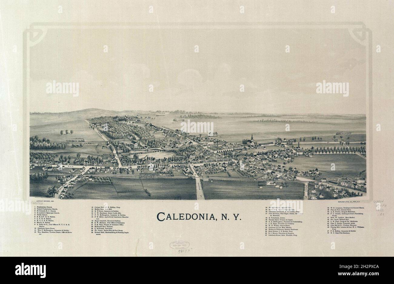Historic map with a bird's eye view of Caledonia, New York Stock Photo
