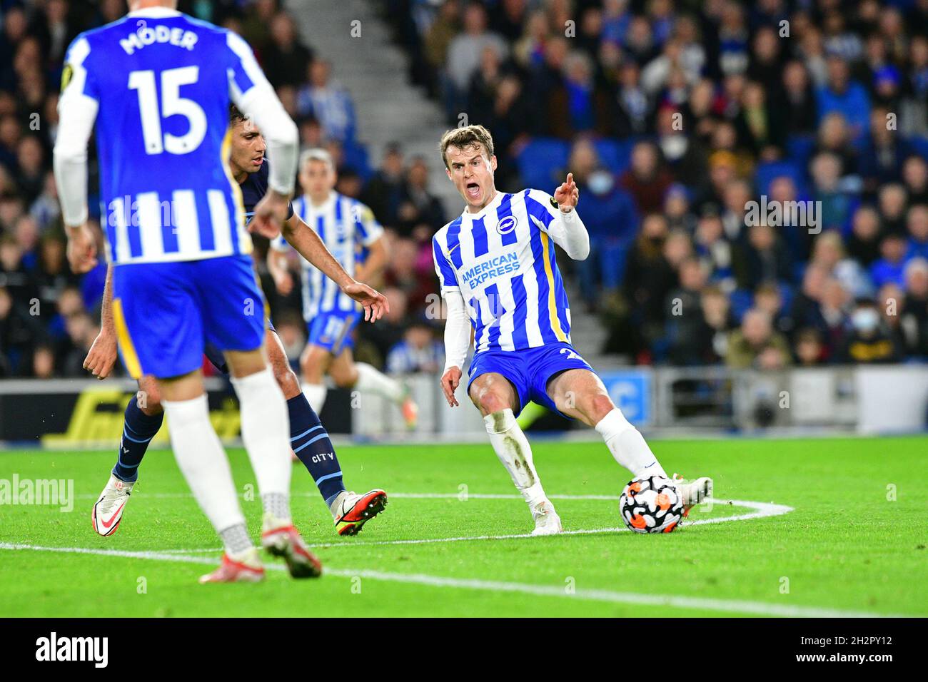 Brighton, UK. 23rd Oct, 2021. Solly March of Brighton and Hove Albion keeps control of the ball during the Premier League match between Brighton & Hove Albion and Manchester City at The Amex on October 23rd 2021 in Brighton, England. (Photo by Jeff Mood/phcimages.com) Credit: PHC Images/Alamy Live News Stock Photo