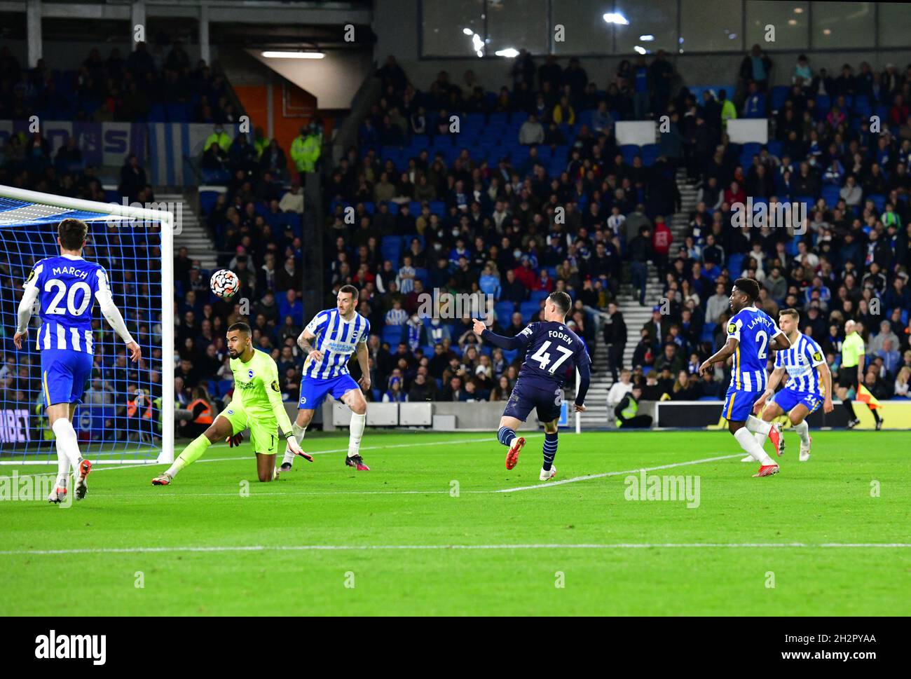 Brighton, UK. 23rd Oct, 2021. Robert Sanchez Goalkeeper of Brighton and Hove Albion sees clear the attempt on goal from Phil Foden of Manchester City during the Premier League match between Brighton & Hove Albion and Manchester City at The Amex on October 23rd 2021 in Brighton, England. (Photo by Jeff Mood/phcimages.com) Credit: PHC Images/Alamy Live News Stock Photo