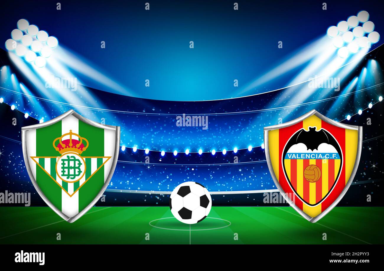 Real Betis Vs Valencia Sports Football concept with match fixture shields concept in 3d rendered stadium Stock Photo