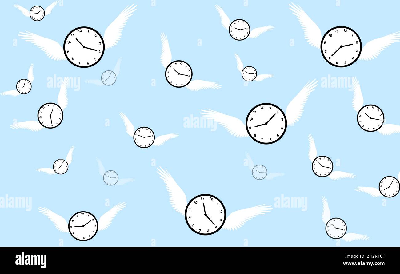 Time Flies Concept Background with flying clock in the sky Illustration. Modern space and time concept backdrop Stock Photo