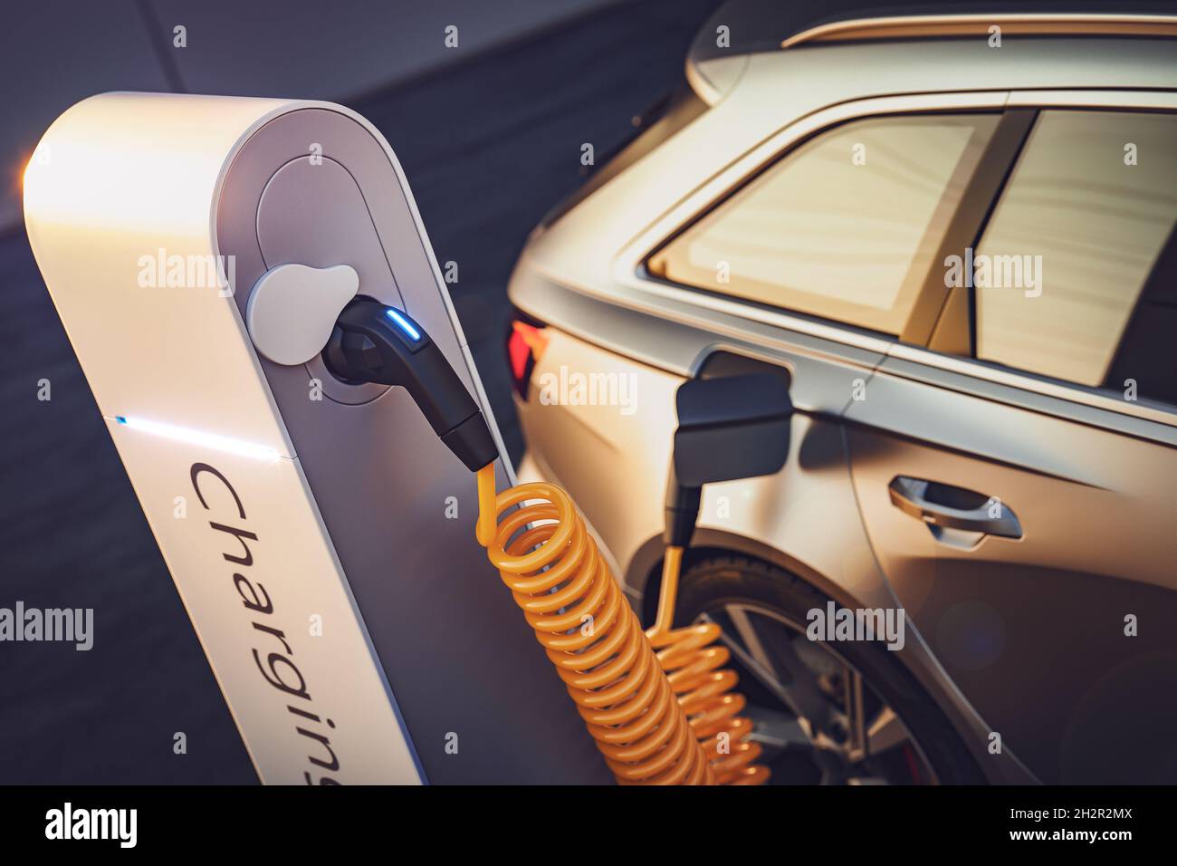 3d rendering of Electric EV car or vehicle at charging station charges battery with cable and plug or charger for ecological range and sustainable ene Stock Photo