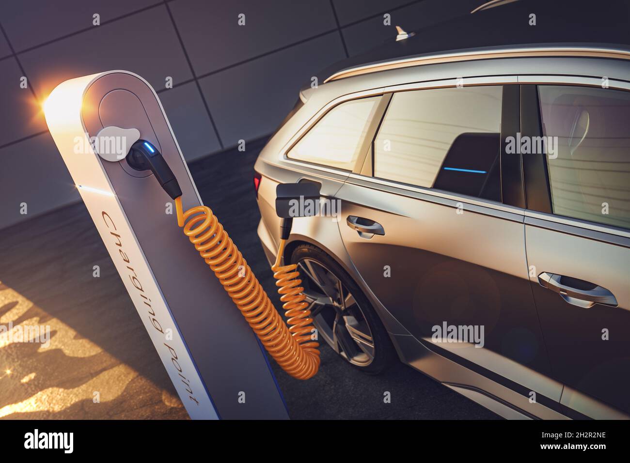 3d rendering of Electric EV car or vehicle at charging station charges battery with cable and plug or charger for ecological range and sustainable ene Stock Photo