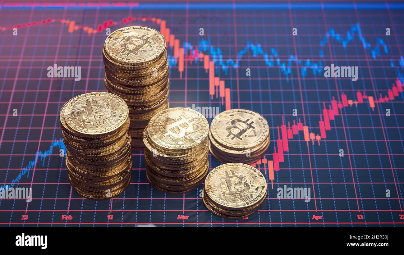 3d Illustration of stack with shiny bitcoin coins and candle stick growth  charts or graphs showing possibility an stock exchange market Stock Photo -  Alamy