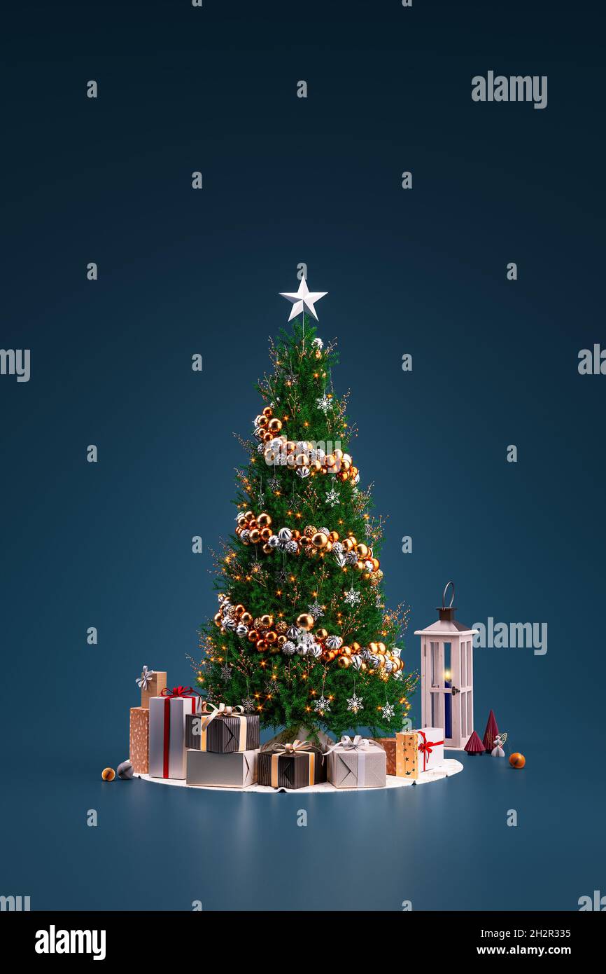 3d rendering of Christmas tree and gifts or present boxes with ...