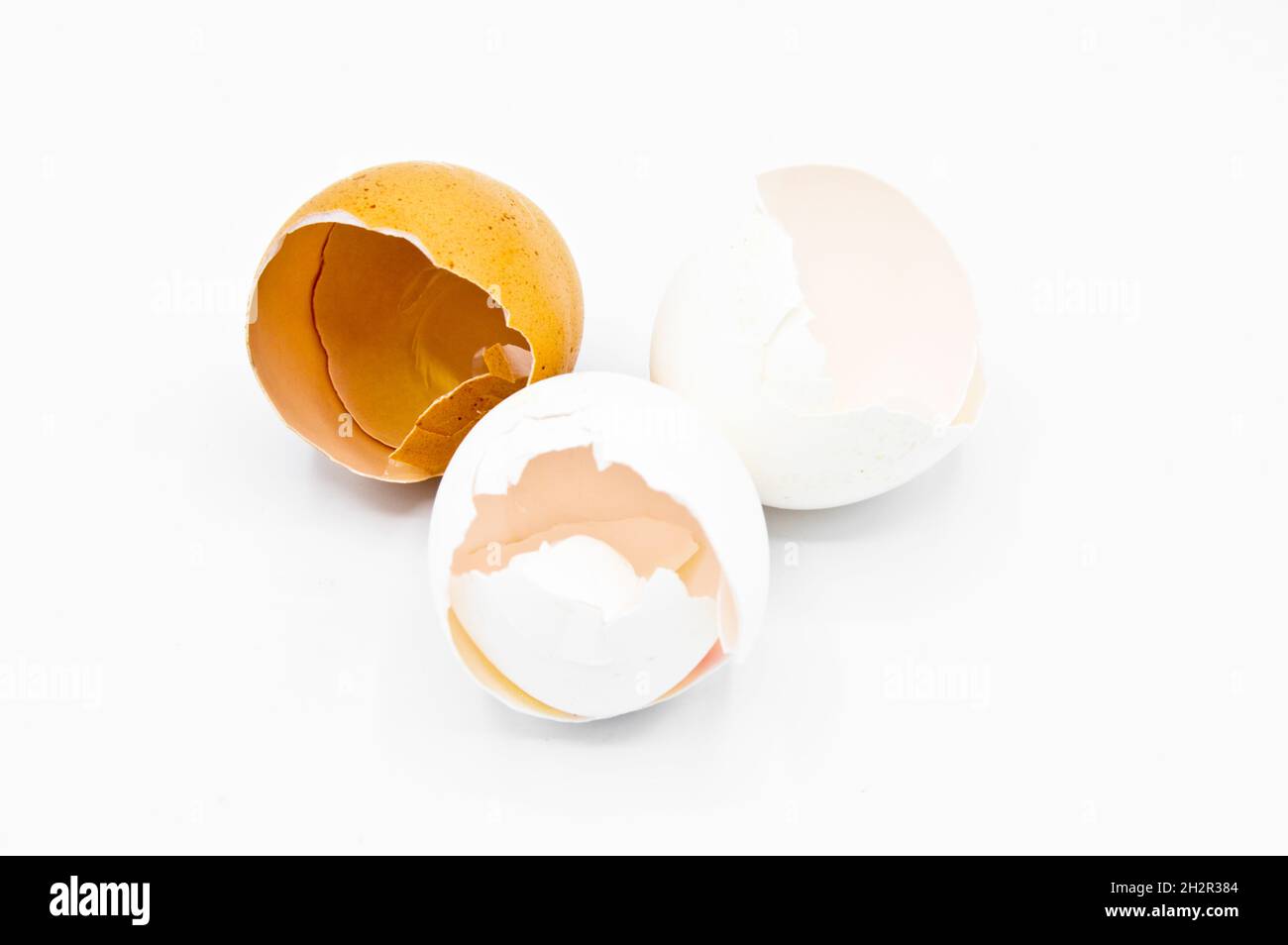 White and brown broken egg shells, cracked egg shells, isolated on white background Stock Photo