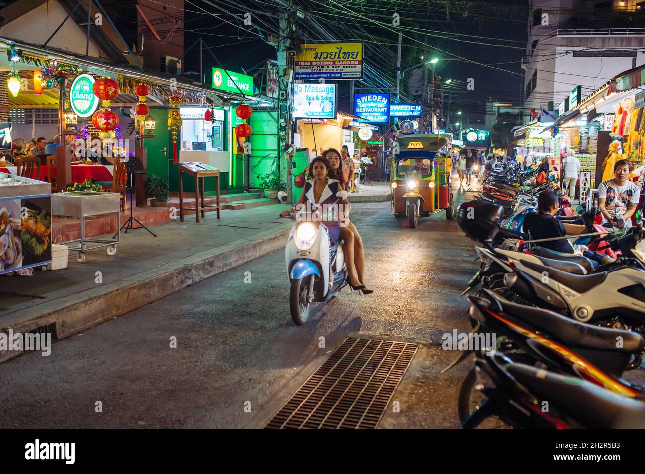 Street scene at night in Hua Hin. Hua Hin is a popular tourist