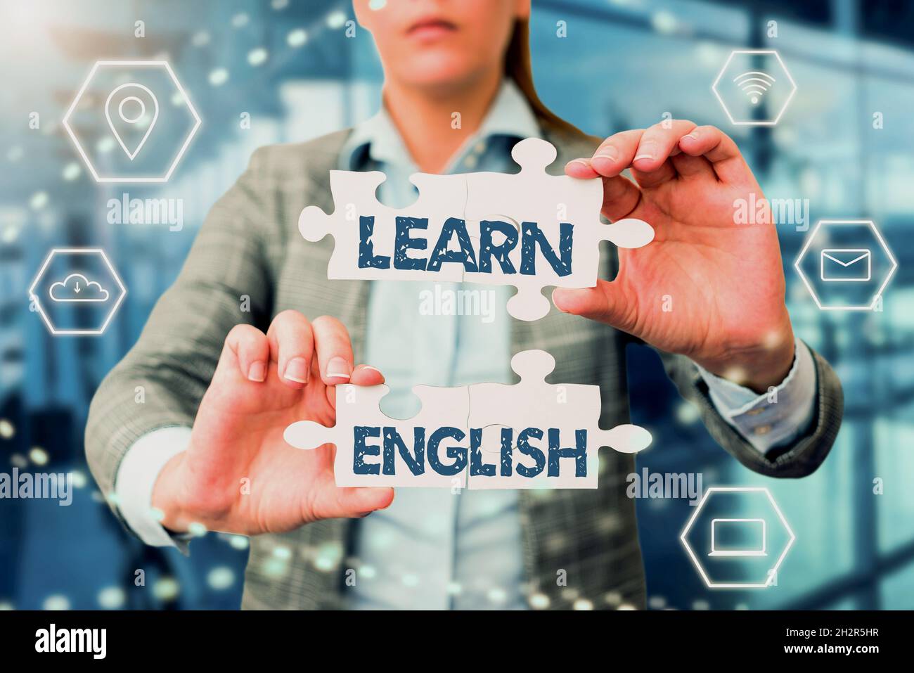 Conceptual Display Learn English Conceptual Photo Gain Acquire Knowledge In New Language By Study Business Woman Holding Jigsaw Puzzle Piece Stock Photo Alamy