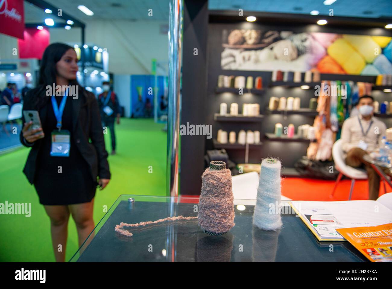 A view of a colorful yarn at a fabric stall during the Textile, Fabrics and Yarns  Trade Shows at Pragati Maidan (exhibition center).(B2B) Business to  Business trade shows related to the textile