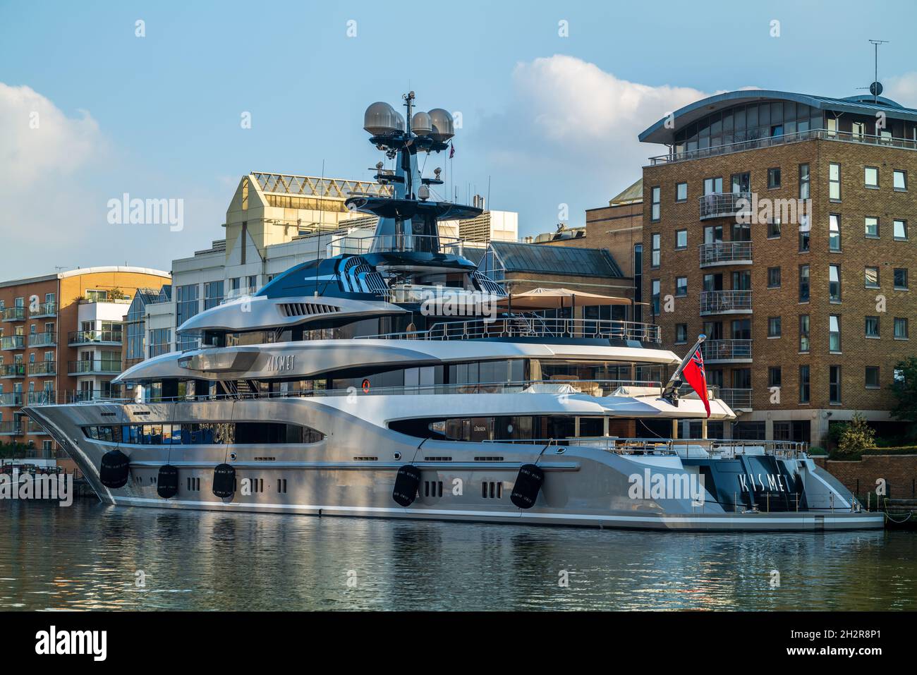 Superyacht Kismet visits South Dock, Canary Wharf, London, England, United Kingdom, UK Stock Photo