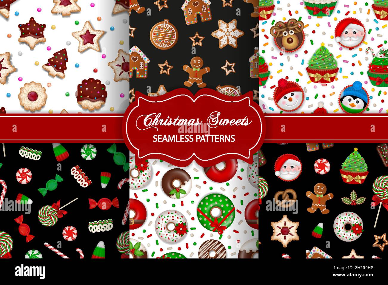 Set of christmas seamless patterns with sweets. collection of textures with christmas candies, cookies, gingerbreads and cakes Stock Vector