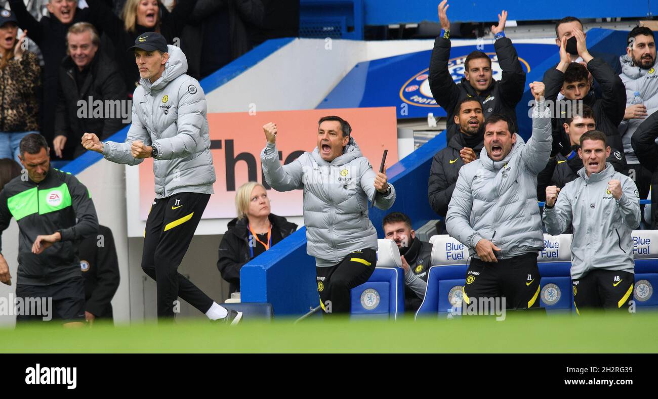 London, UK. 23rd Oct, 2021. 23 October 2021 - Chelsea v Norwich City -  Premier League - Stamford Bridge Chelsea's Head Coach Thomas Tuchel and his  coaching staff celebrate their second goal