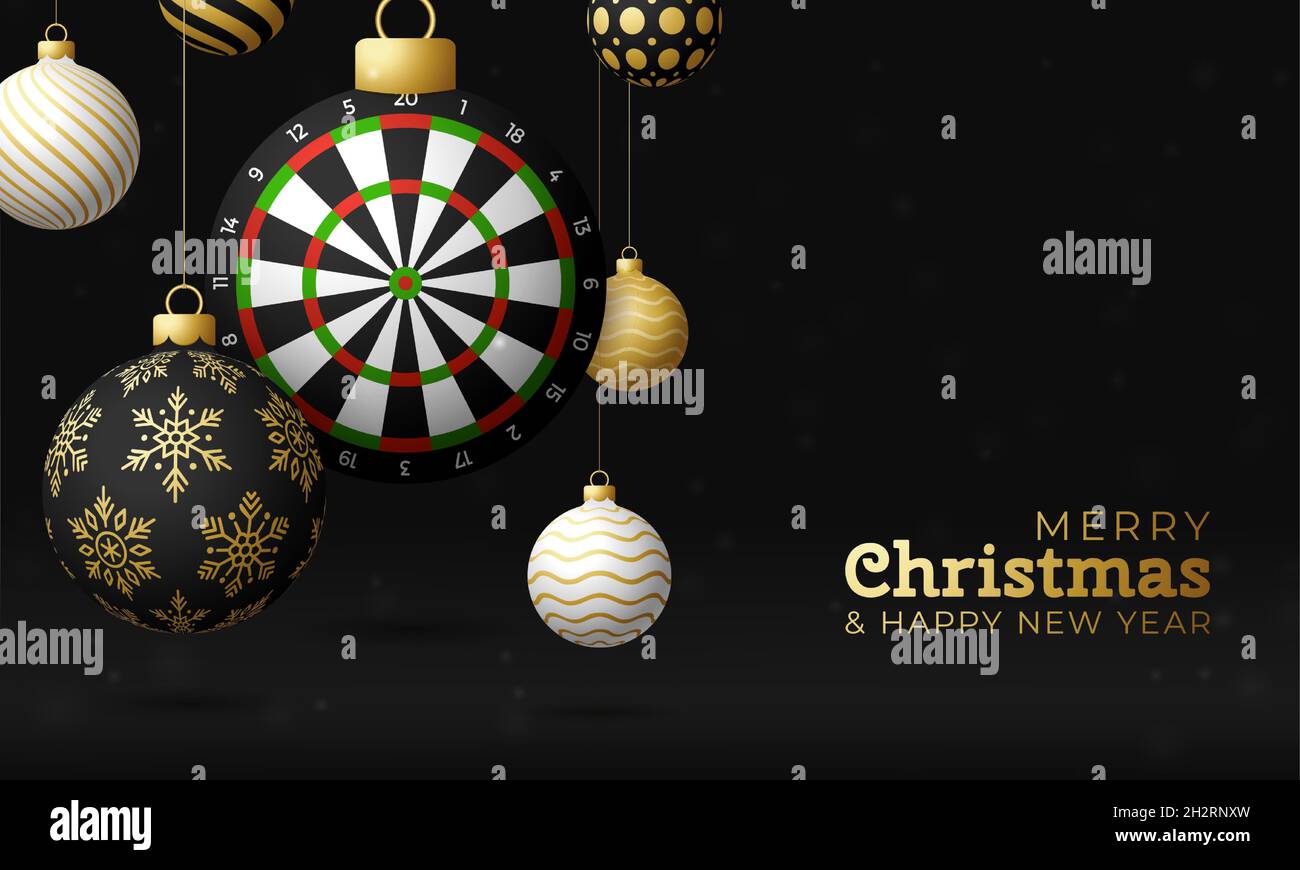 dart Christmas card. Merry Christmas sport greeting card. Hang on a thread  dartboard as a xmas ball and golden bauble on black background. Sport Vecto  Stock Vector Image & Art - Alamy