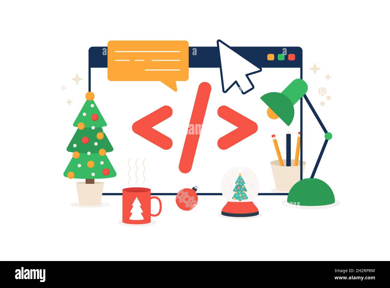 Christmas online code vector illustration. Web design concept. Interface elements and browser windows on the monitor screen. Stock Vector